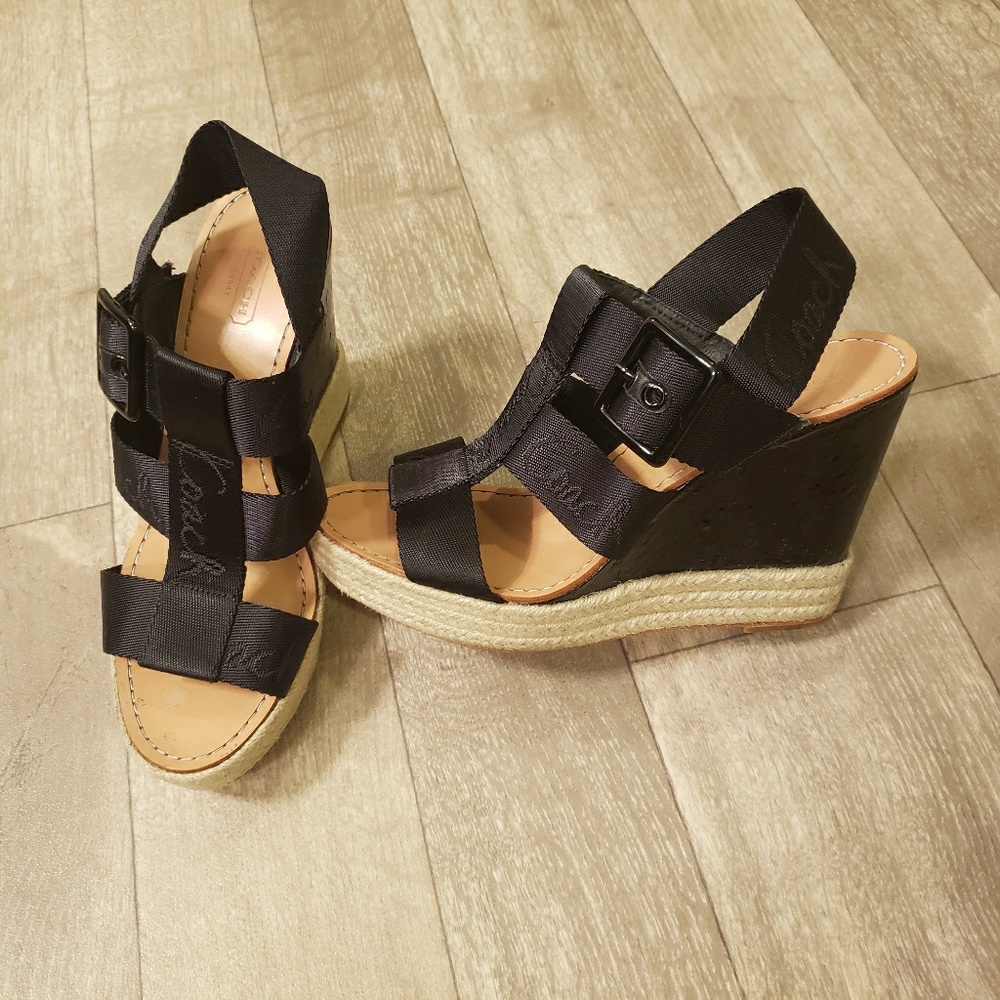 Coach Black Wedge Sandals with Tan Accents